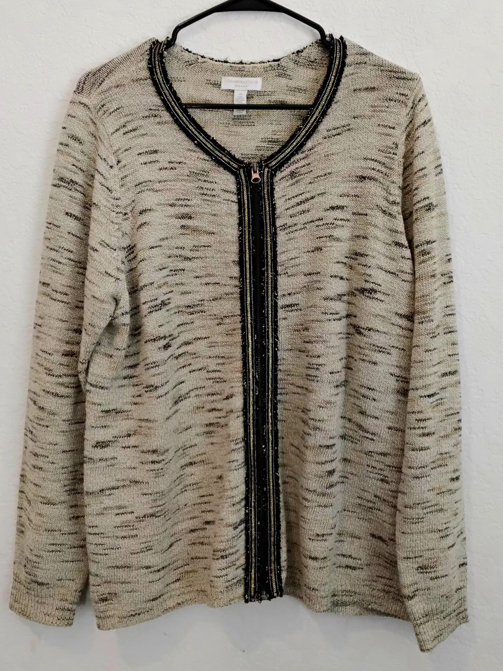 Charter Club Women’s 1X Beige Black Gold Heathered Metallic Full Zip Cardigan